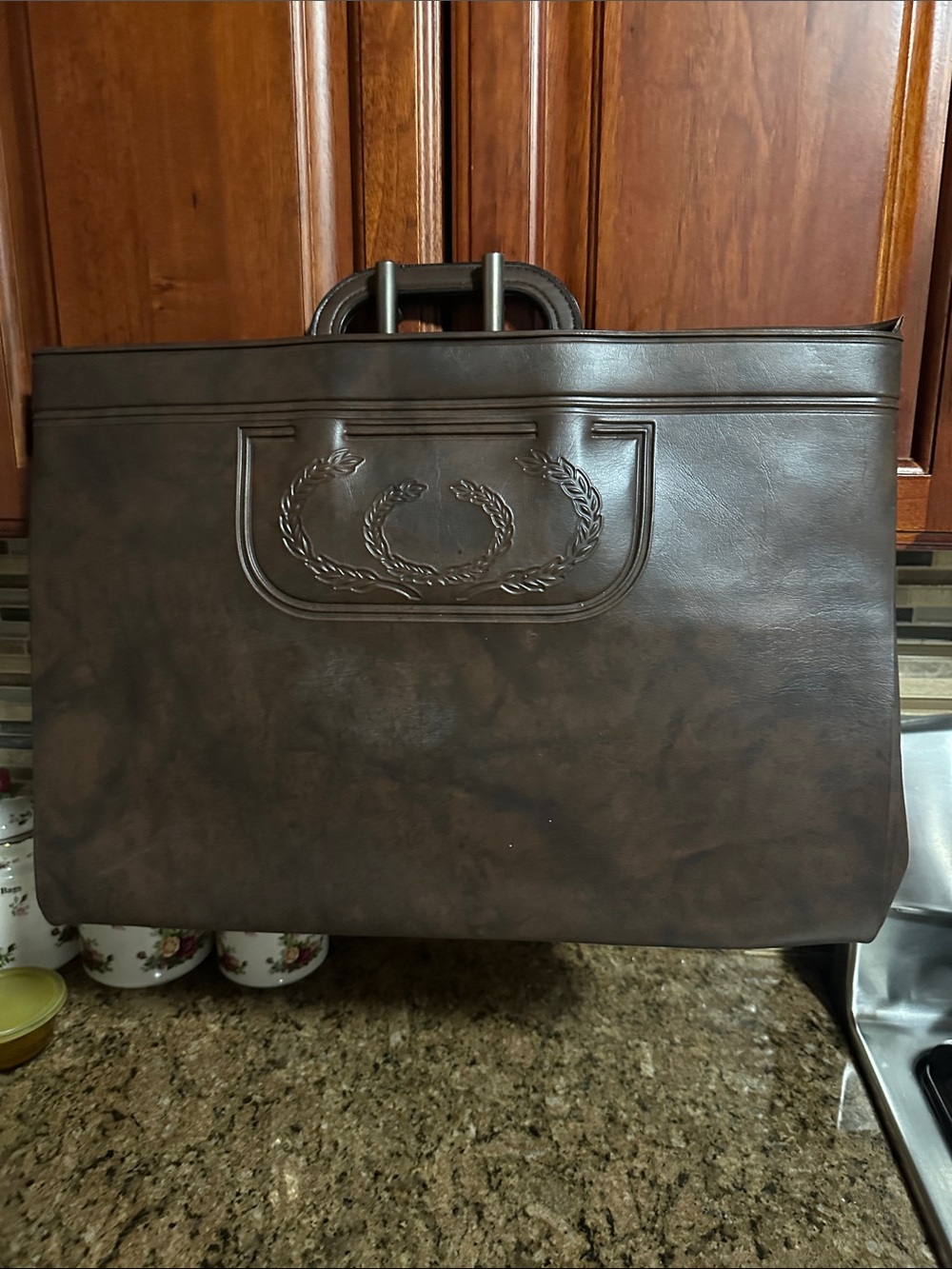 Brown Leather Briefcase Tote with Embossed Crest